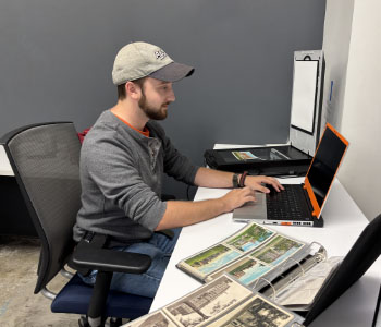 A person sitting at a computer scanning postcards
